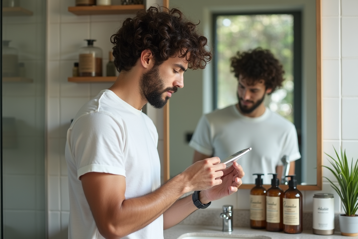 Homme examinant des huiles capillaires dans une salle de bain moderne