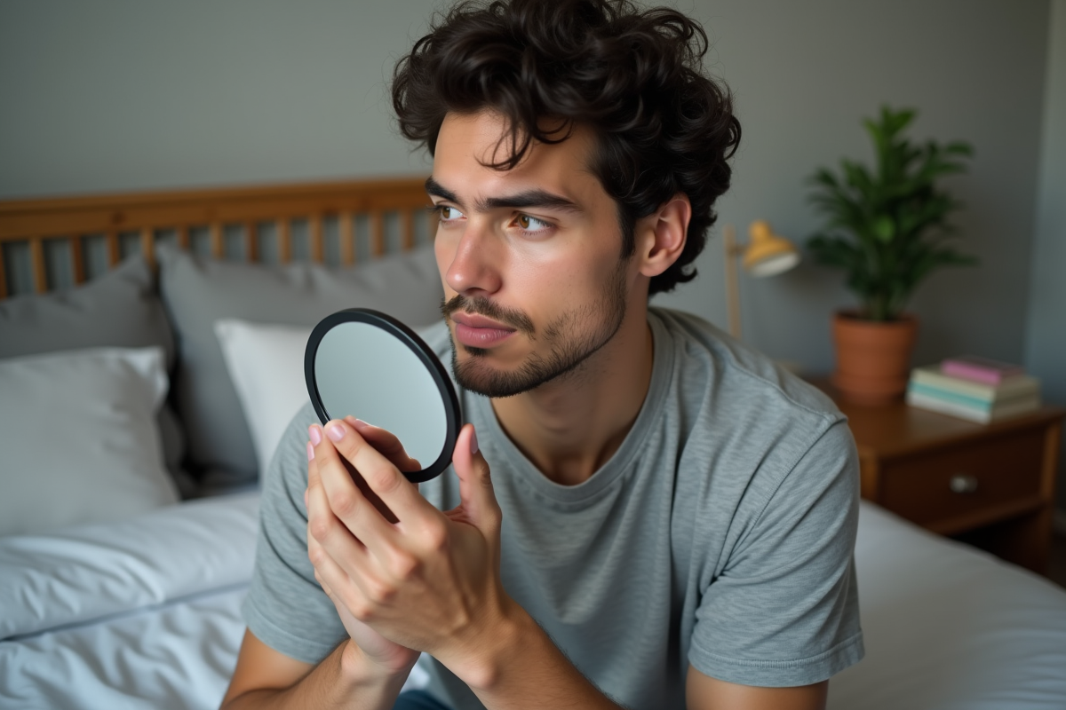 Jeune homme regarde son menton dans un miroir de chambre