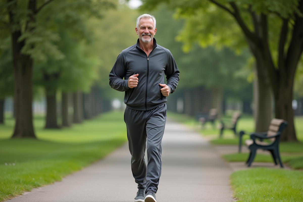 Homme en jogging marchant dans un parc verdoyant
