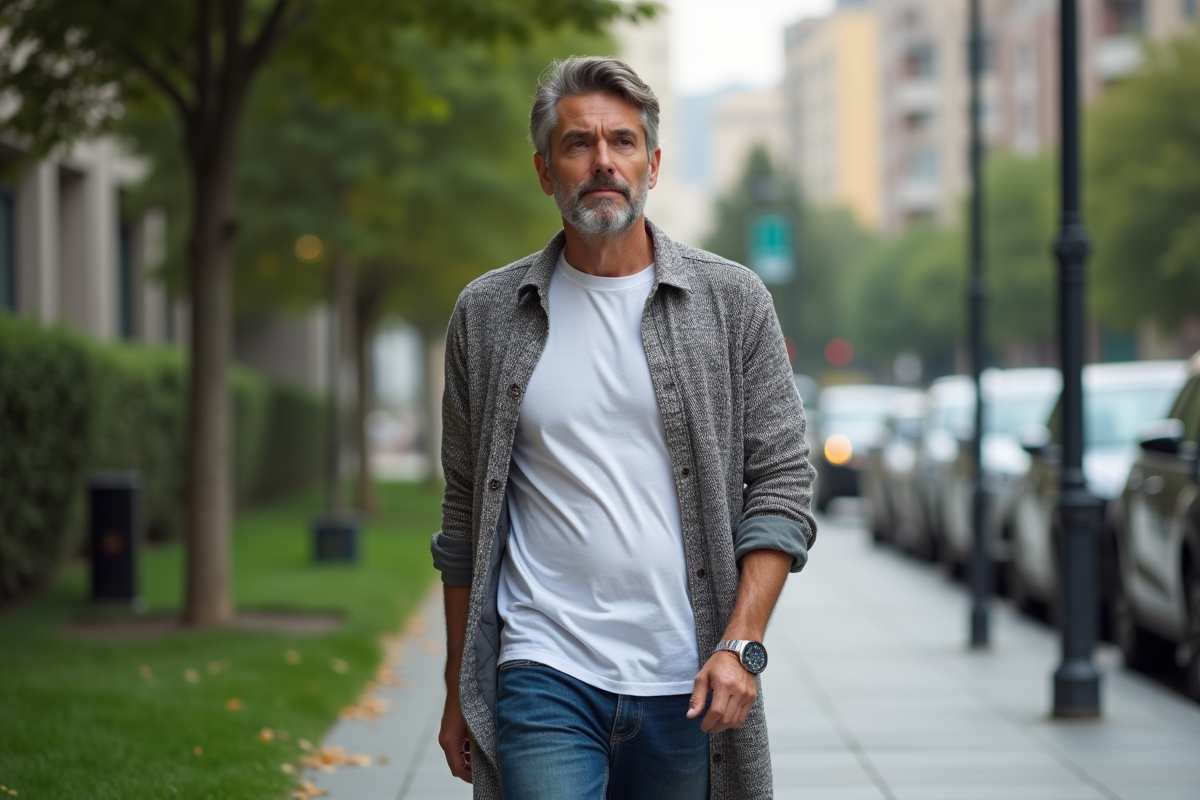 Homme d age moyen en tenue décontractée marche en ville