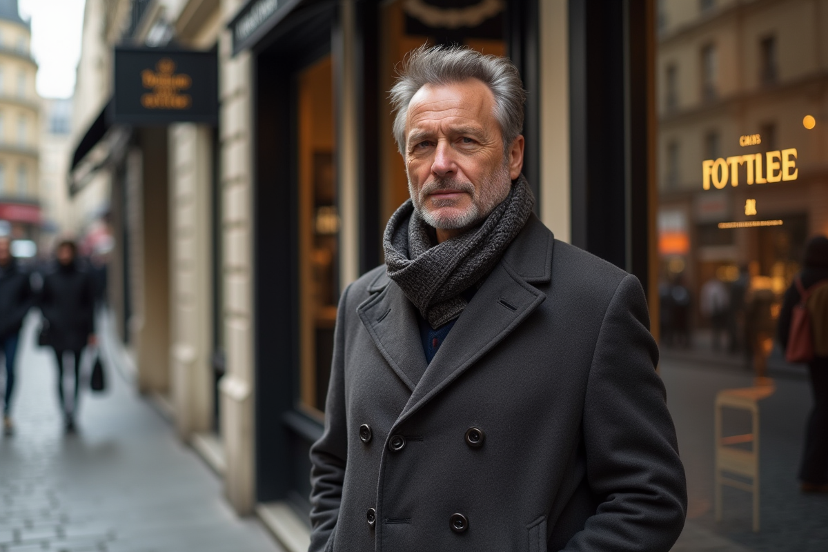 Homme en manteau dans une rue chic de Paris