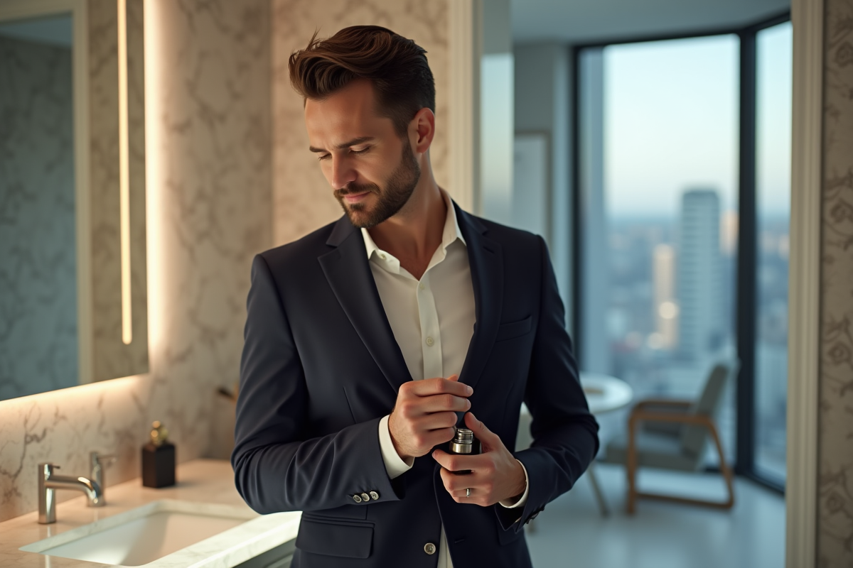 Homme en costume navy appliquant du parfum dans un salon lumineux