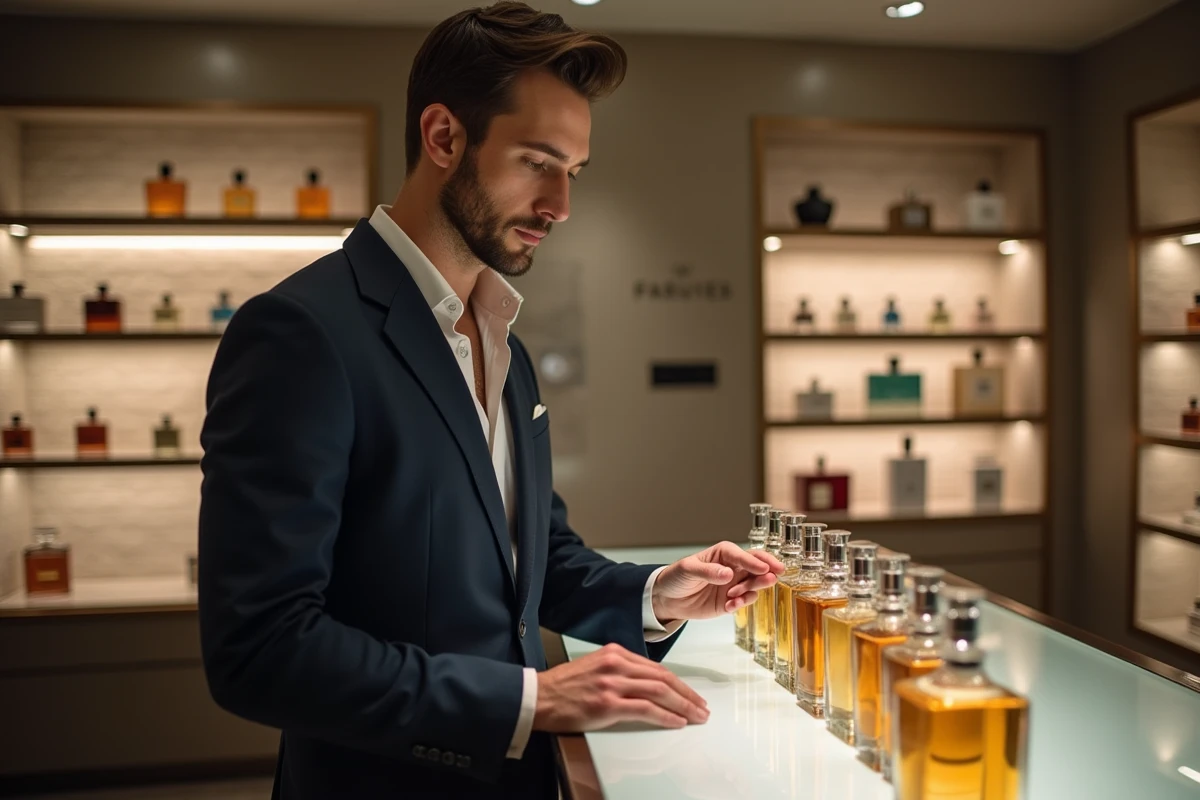 Homme en costume choisissant un parfum dans une parfumerie moderne