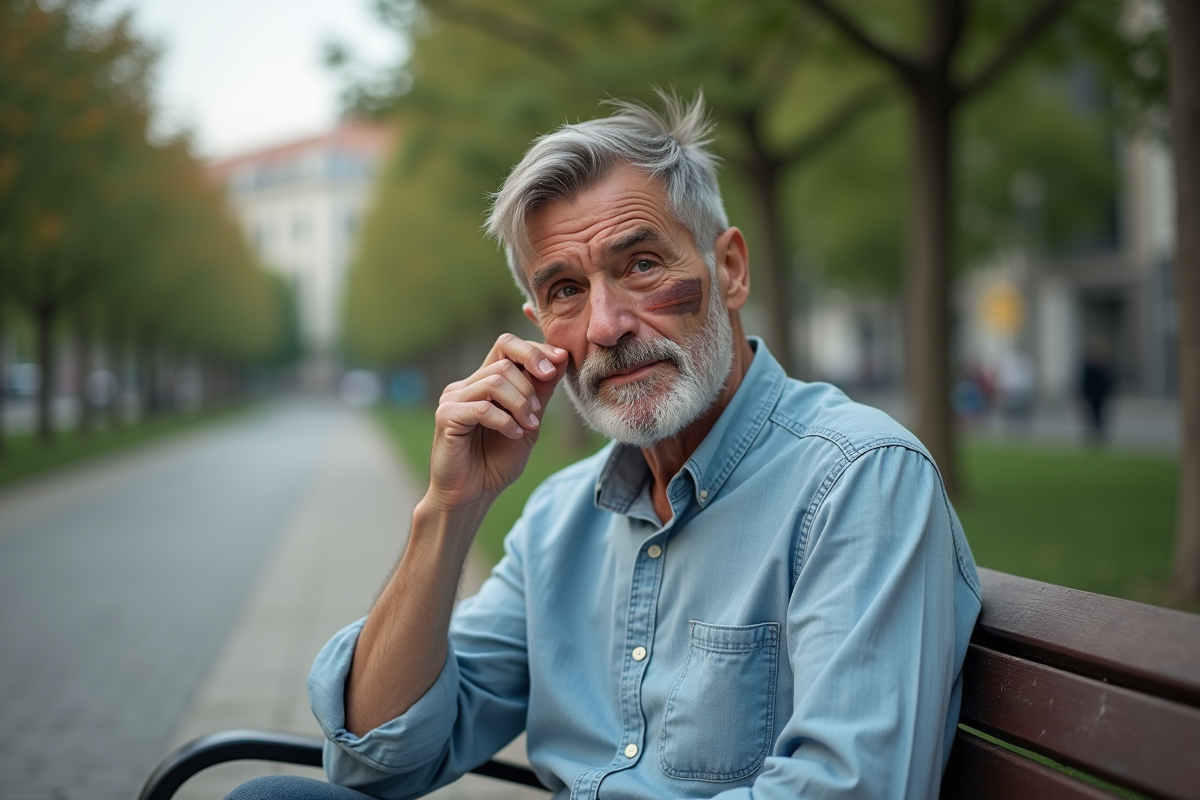 Homme regardant sa cicatrice au parc en plein air