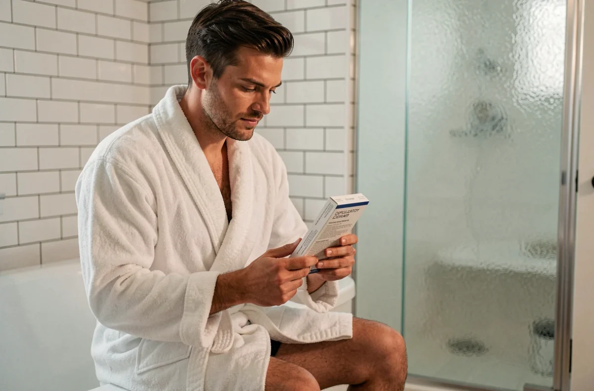 Homme en peignoir lisant les instructions d'une crème dépilatoire assis sur le bord de la baignoire