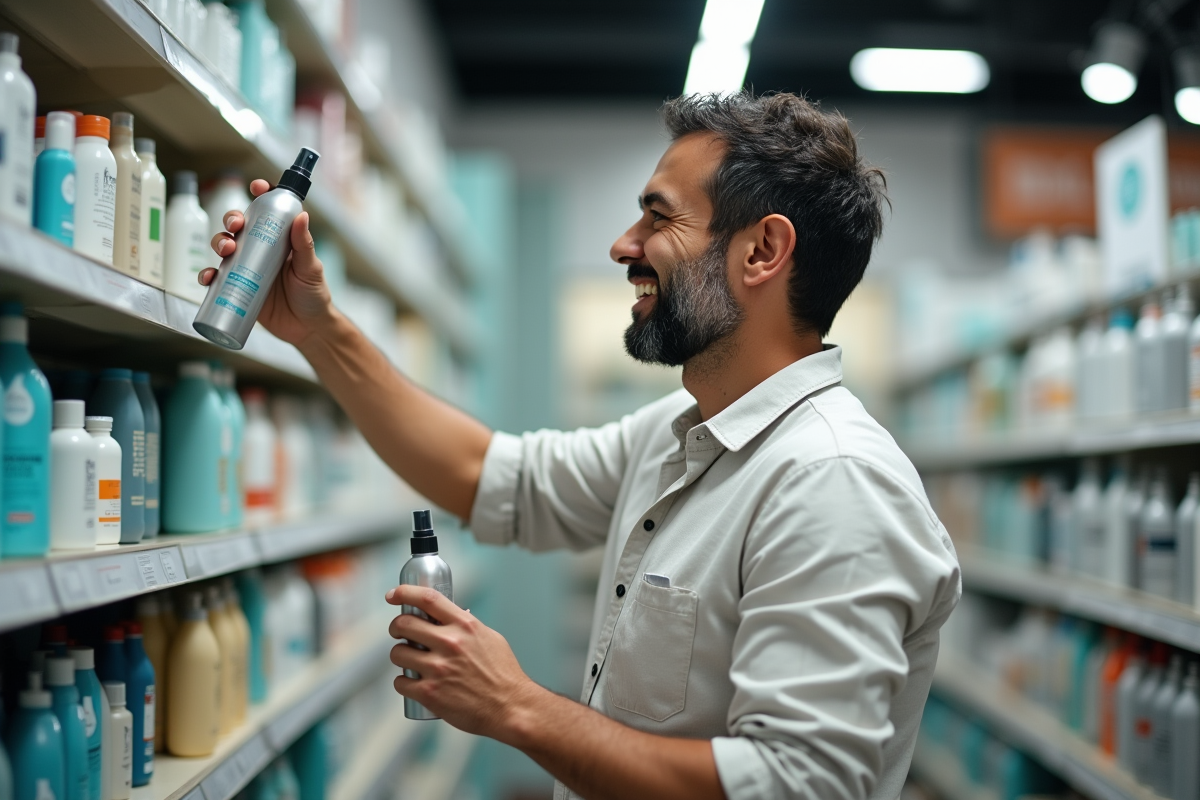 Homme appliquant une brume capillaire en pharmacie urbaine