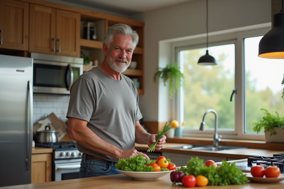 Homme préparant une salade dans une cuisine moderne