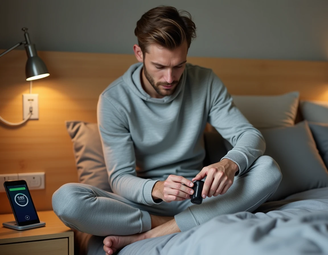 Homme chargeant son rasoir électrique Gillette branché sur une prise murale dans une chambre contemporaine, minuterie sur smartphone