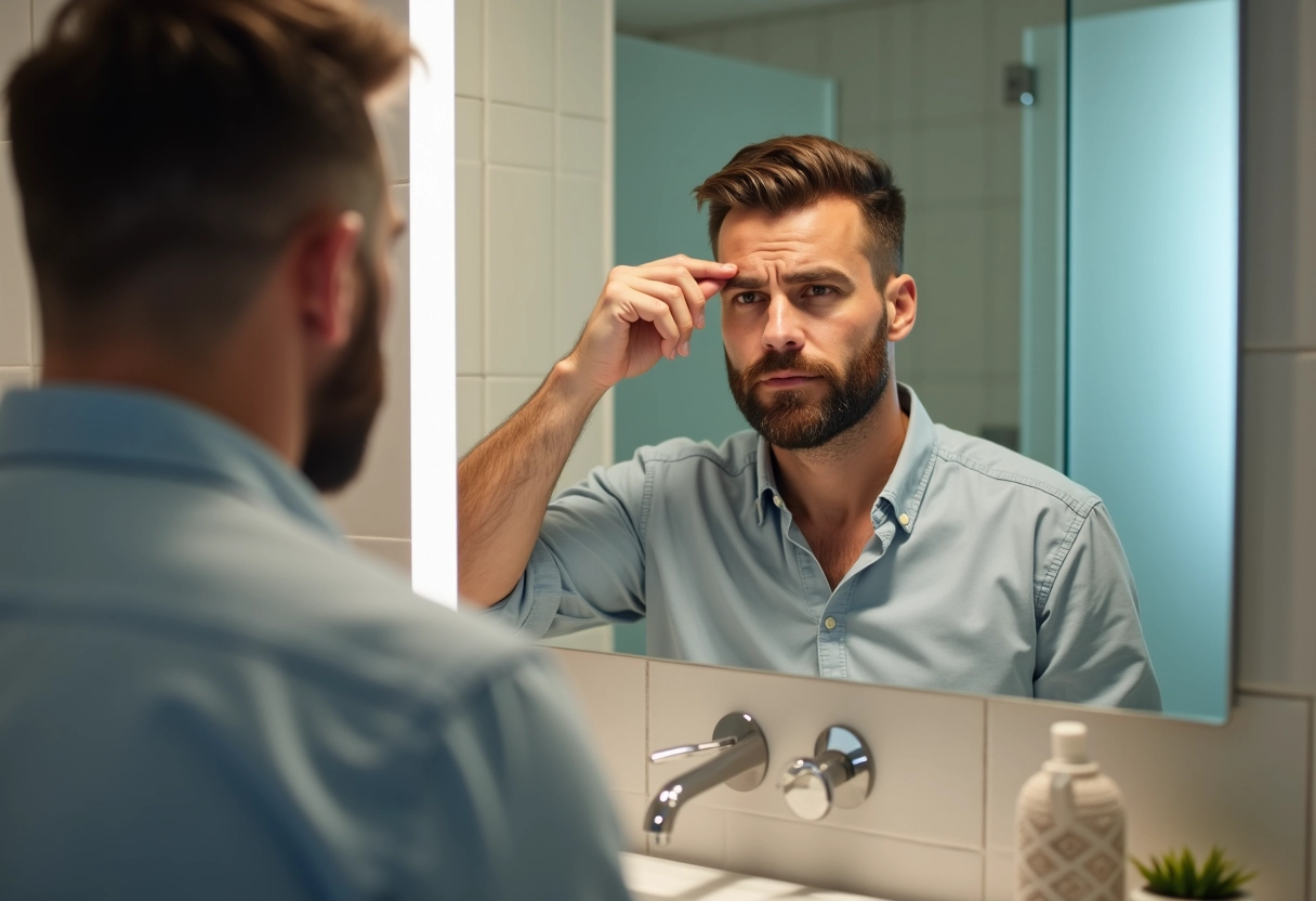 Homme regardant son reflet dans le miroir de la salle de bain