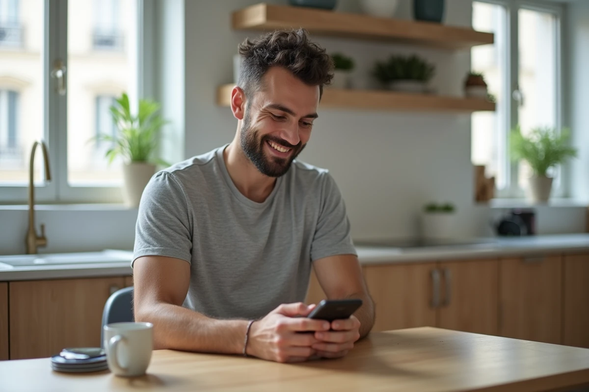 Homme consultant une application de réservation de massage sur smartphone dans une cuisine moderne d'appartement français