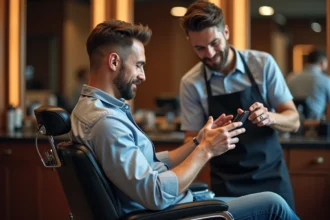 Homme en salon de coiffure avec un barbier attentif