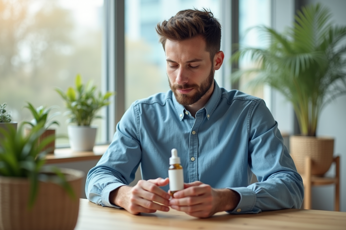 Jeune homme examinant sérum visage au bureau