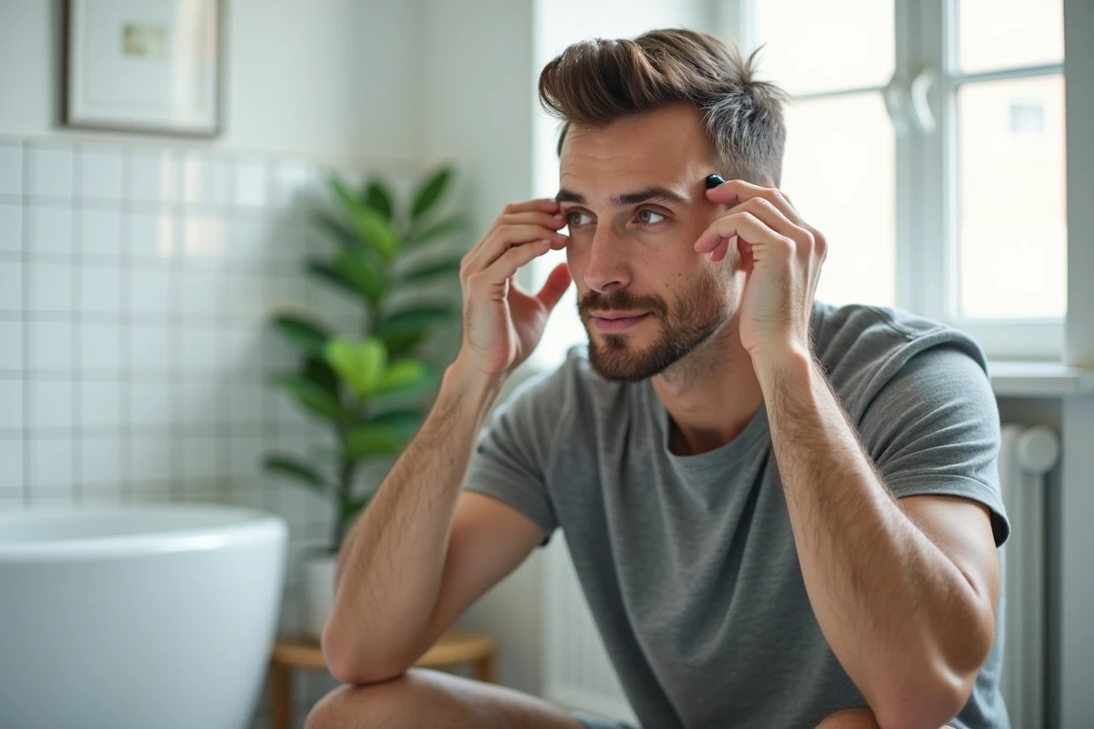 Homme appliquant un sérum capillaire après utilisation d'un dermaroller pour stimuler la densité des cheveux dans une salle de bain minimaliste