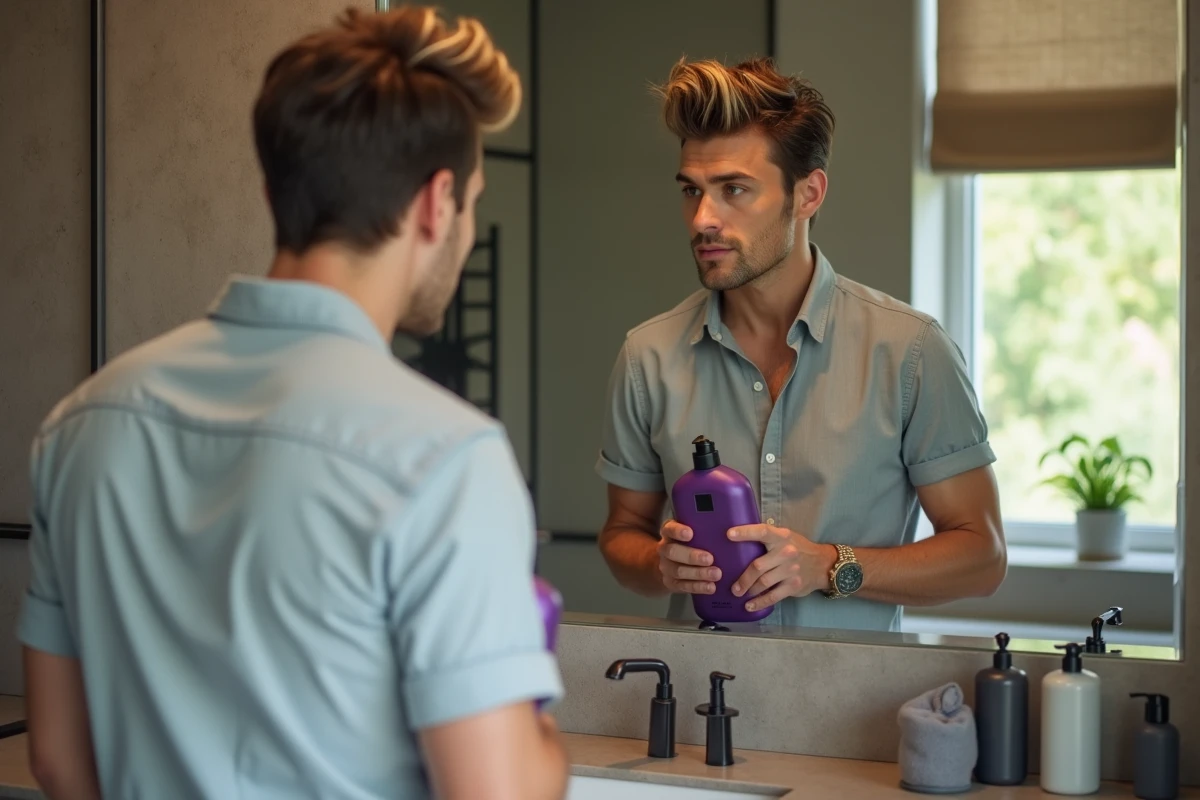 Homme inspectant ses cheveux avec shampoing dans une salle de bain