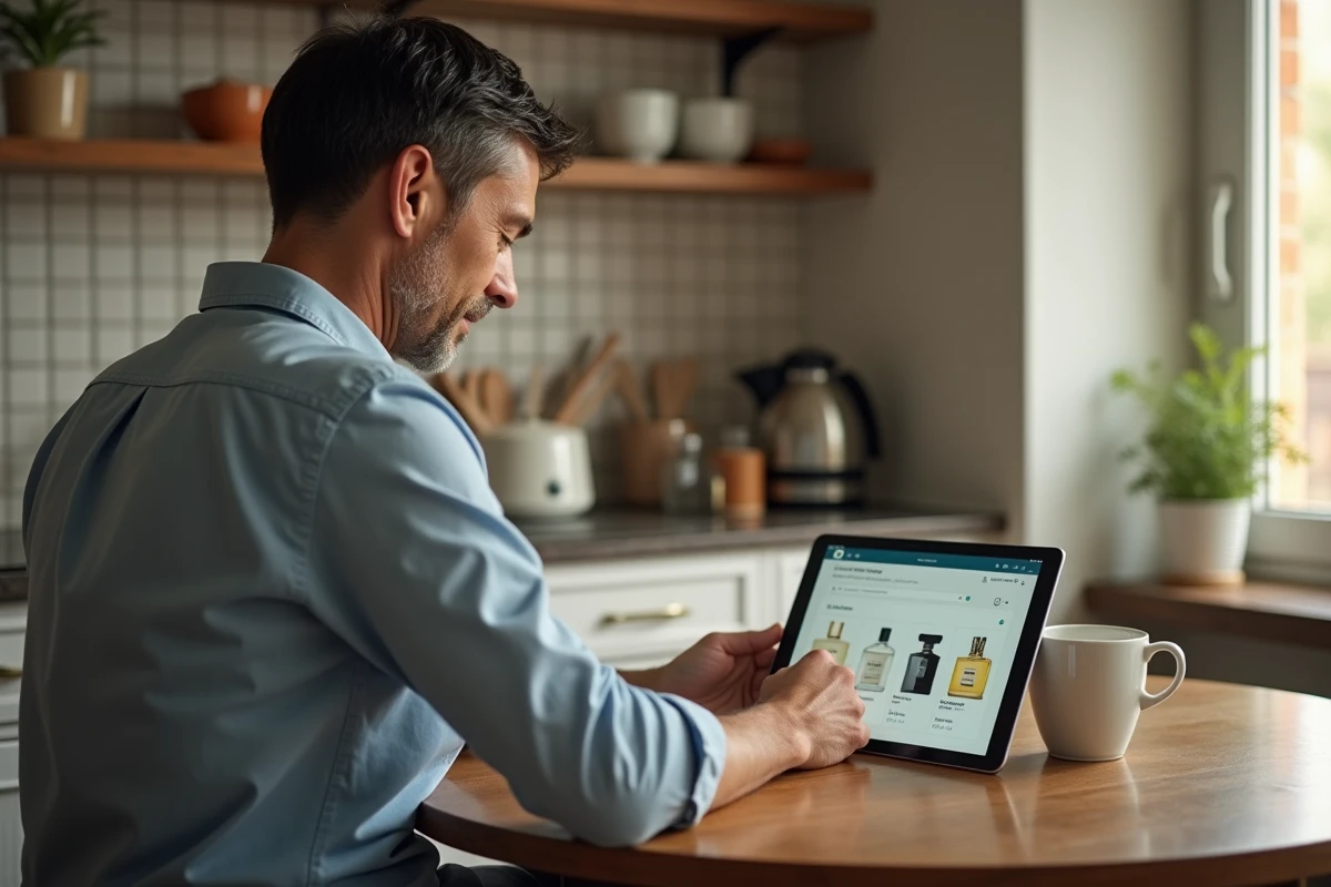 Homme consulte un site de parfums sur sa tablette en cuisine
