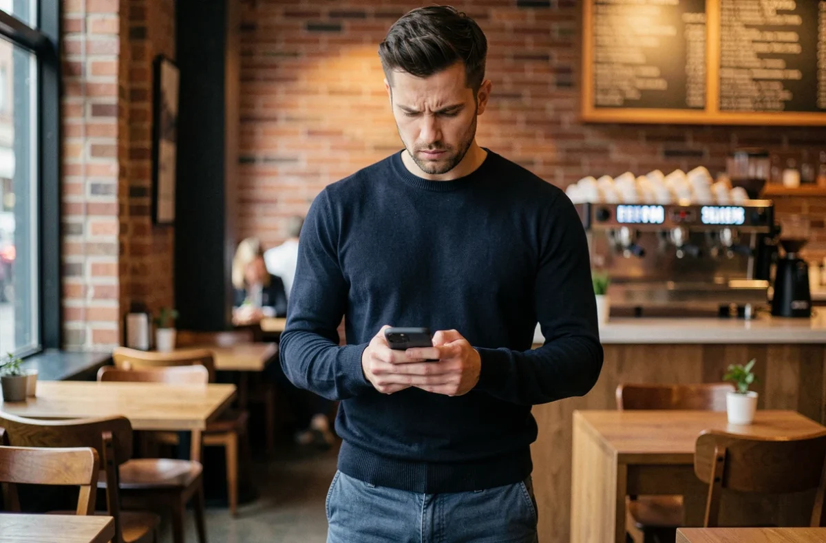 Homme scrutant son smartphone dans un café urbain, symbolisant la curiosité et la vigilance face aux contenus leakés sur les réseaux sociaux