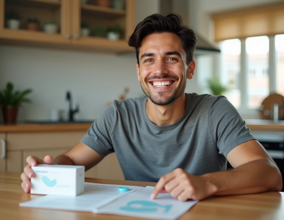 Homme souriant avec des dents blanches devant un kit de blanchiment dentaire The Smilist
