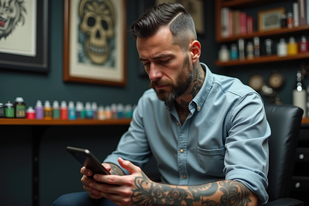 Homme tatoué utilisant son smartphone en studio tatouage