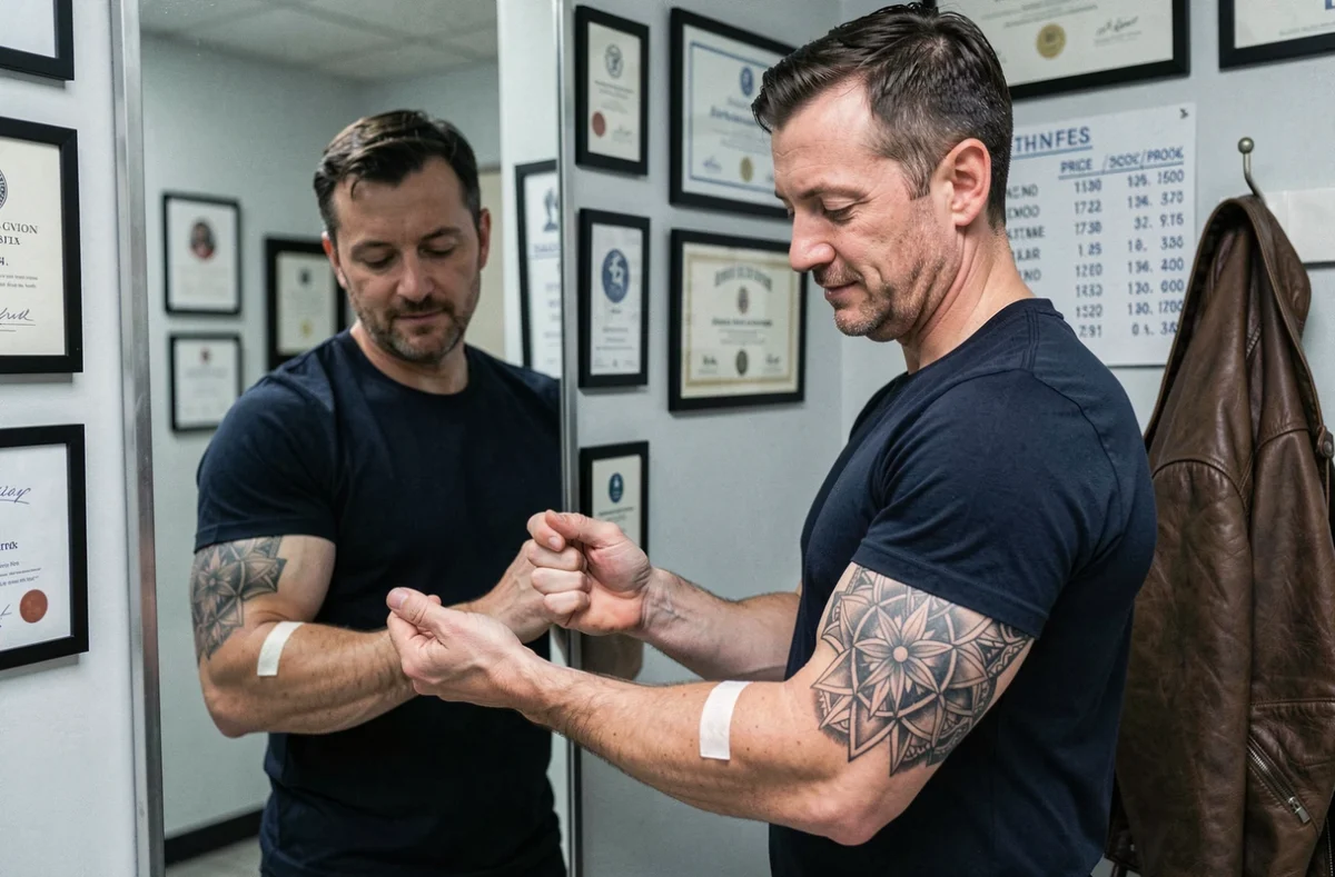 Homme admirant son tatouage géométrique sur le bras devant un miroir dans un studio, avec un tableau de prix visible en arrière-plan
