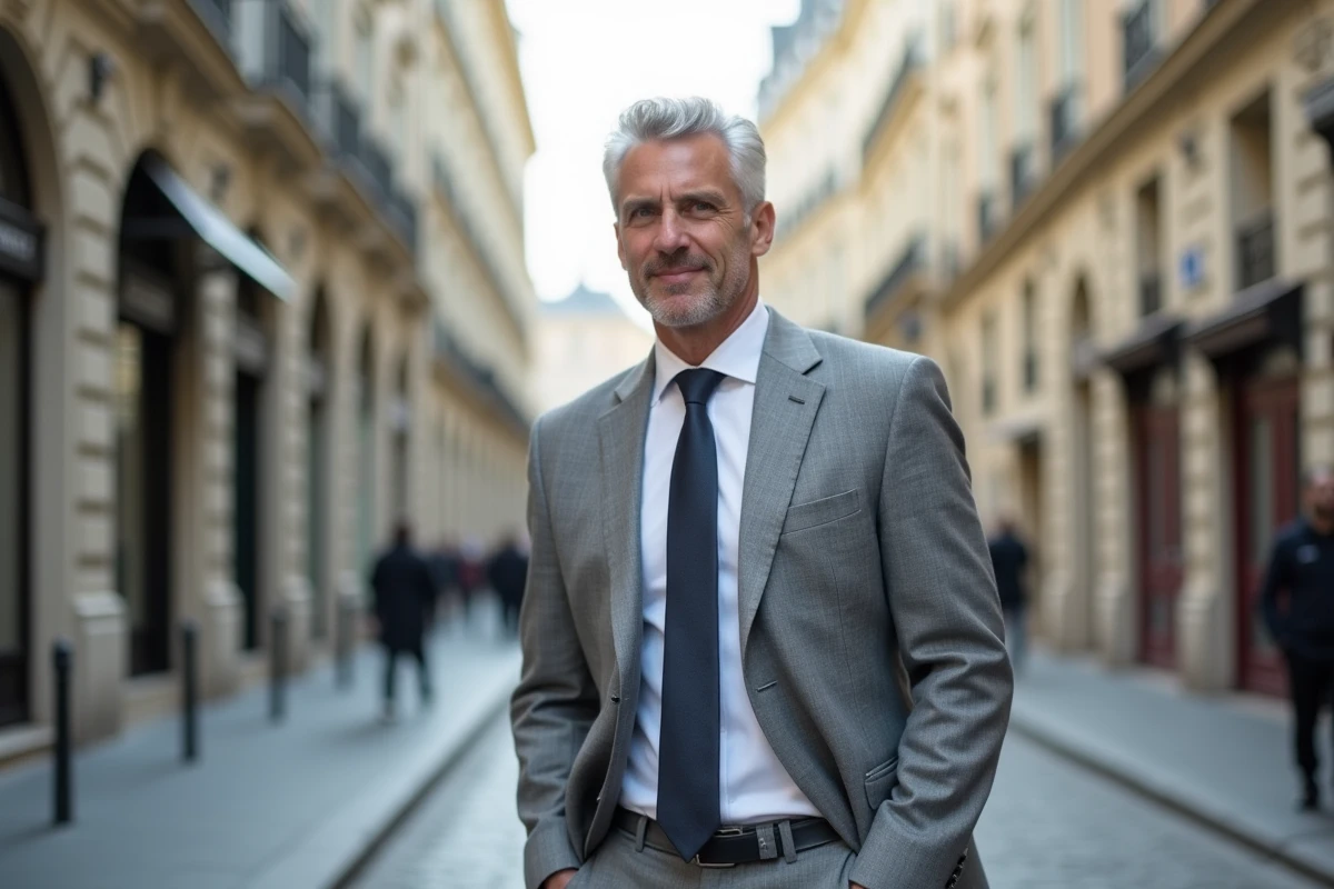 Homme aux tempes blanches et cheveux poivre-et-sel portant un costume gris clair dans une rue pavée parisienne, regard assuré et posture détendue