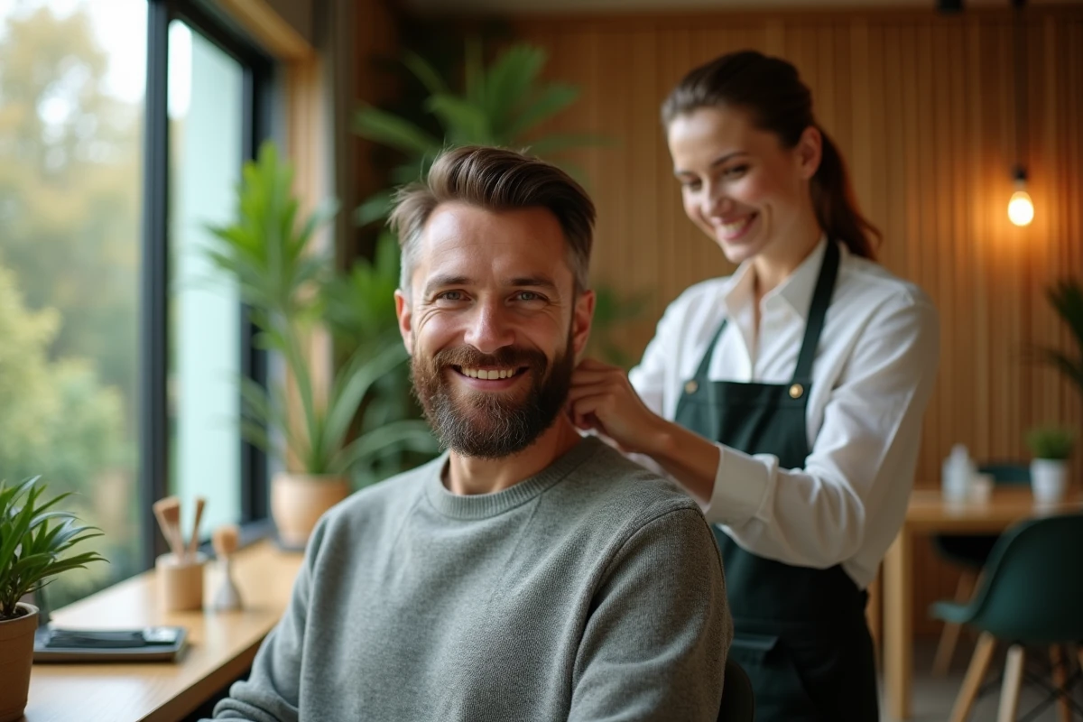 Homme en sweater organic coupe de cheveux par un coiffeur bio