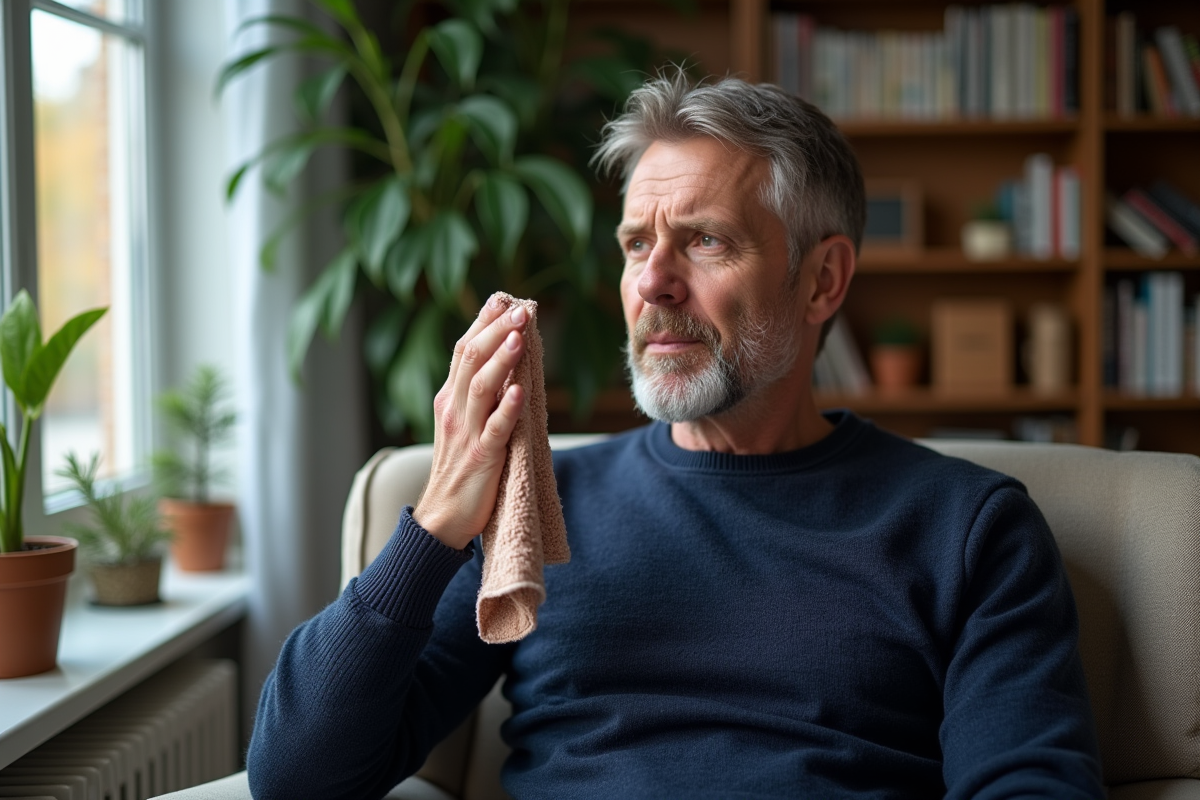 Homme détendu avec serviette sur le visage dans un intérieur chaleureux