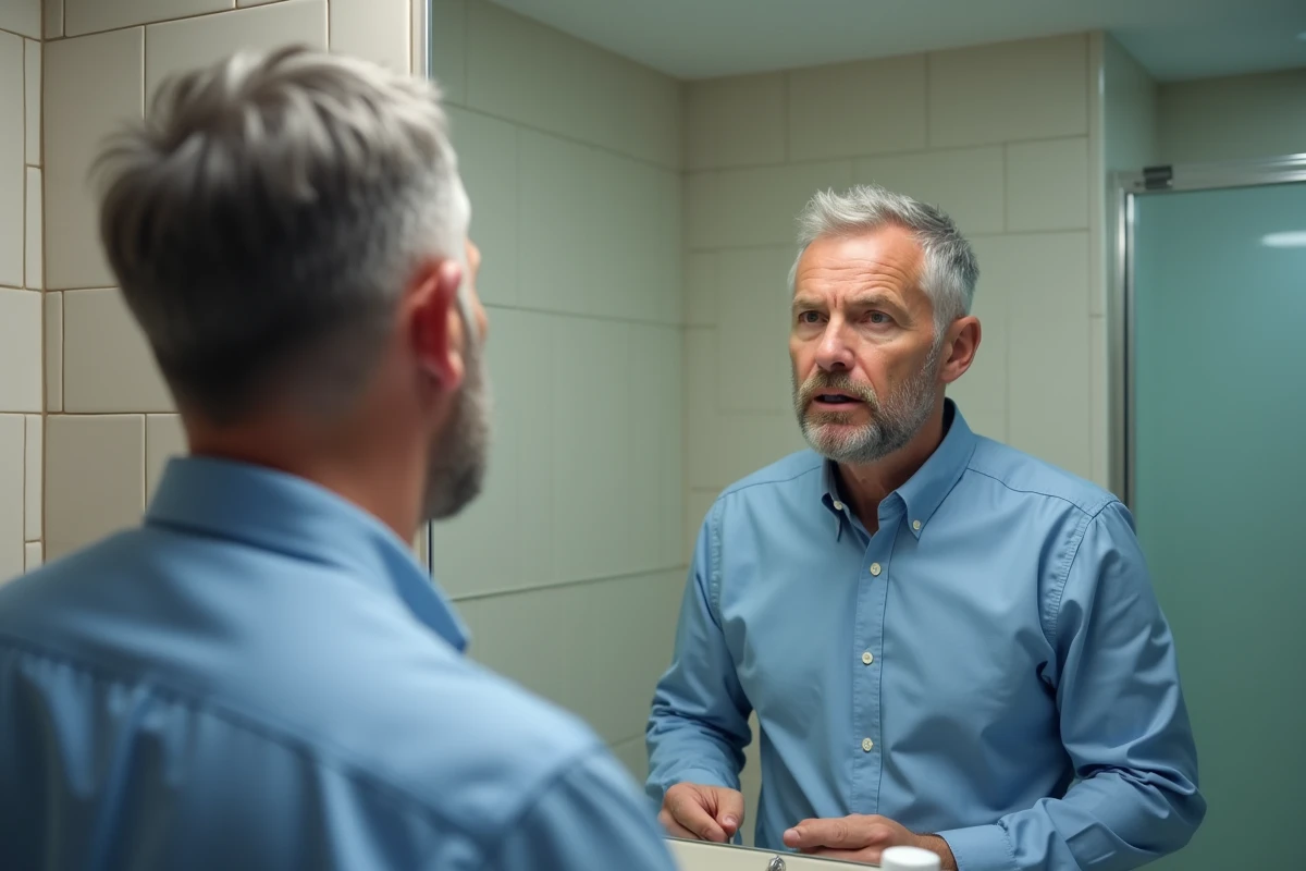 Homme regardant ses extensions capillaires dans le miroir