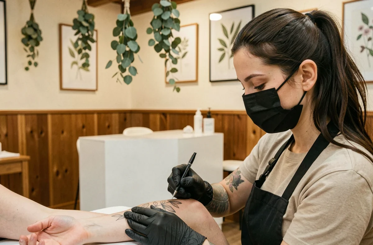 Tatoueuse de L'Île aux Tatouages à Lille appliquant un tatouage botanique fin sur un avant-bras dans un cadre épuré et chaleureux