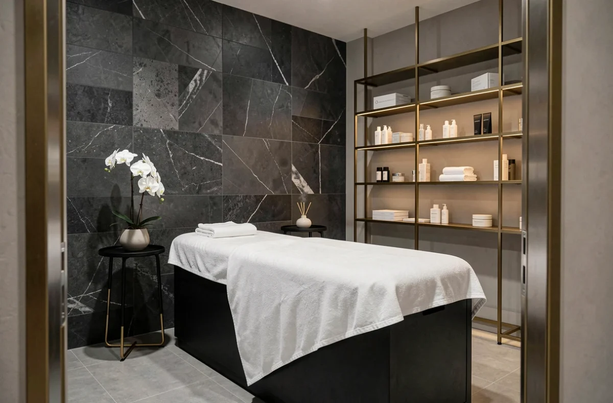 Salle de soin luxueuse de l'Imperial Spa à Dijon avec table de massage en lin blanc et décor minimaliste doré