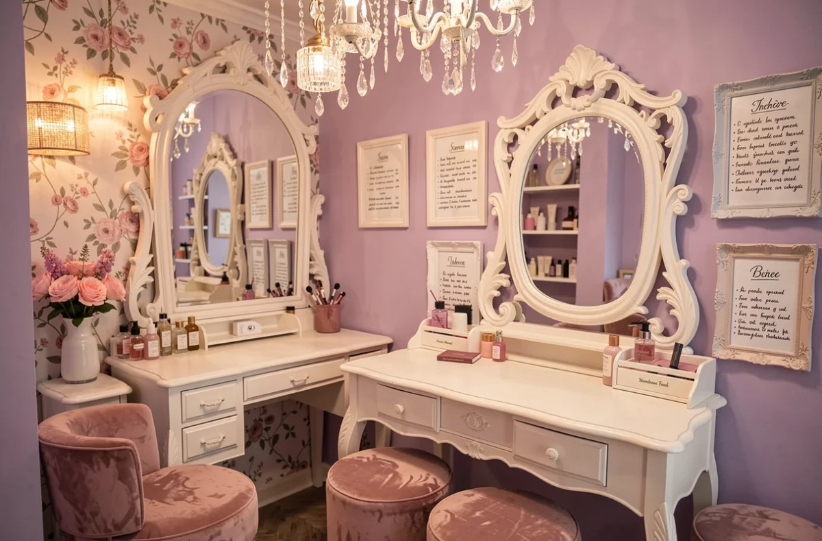 Intérieur féerique du salon L'Institut Fée pour Moi à Chenôve avec déco pastel lavande et miroir vintage
