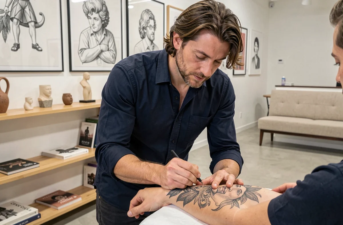 Jeremy Josselin tatoueur à Crépy-en-Valois peaufinant un tatouage illustratif dans un studio épuré aux allures de galerie d'art