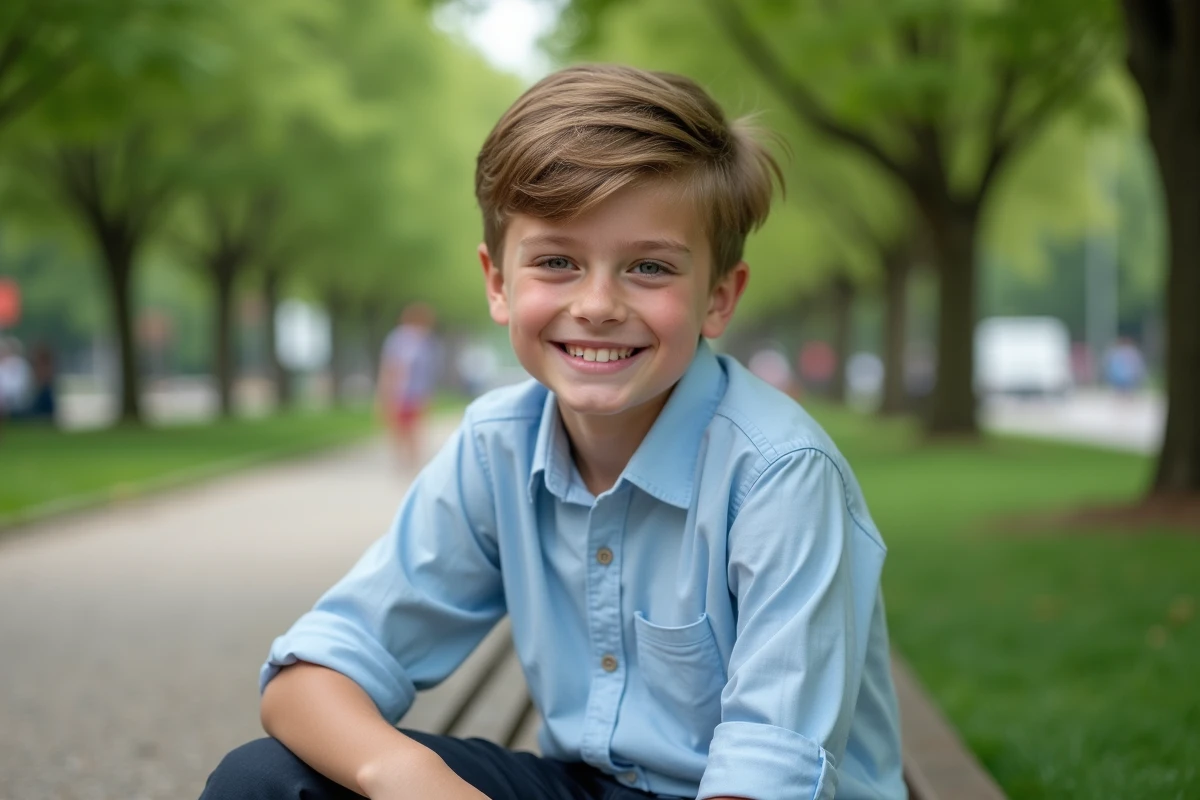 Jeune adolescent assis sur un banc dans un parc urbain