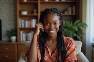Jeune femme afro aux braids dans un salon chaleureux