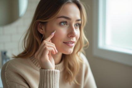 Jeune femme appliquant du fond de teint naturel