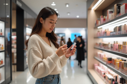 Jeune femme compare des produits de maquillage en magasin