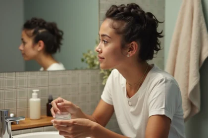 Jeune femme aux braids regardant dans le miroir