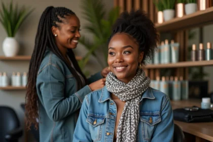 Jeune femme noire en salon de coiffure avec stylistes