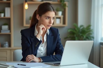 Jeune femme professionnelle au bureau réfléchissant