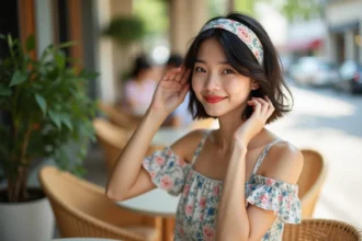 Jeune femme en été ajustant une perruque en plein air