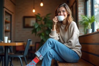 Jeune femme souriante en jeans et chaussettes colorées dans un café