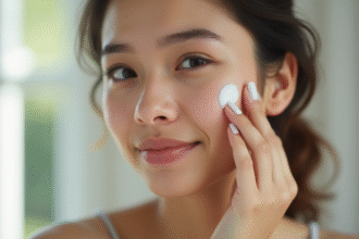 Jeune femme appliquant une creme hydratante sur le visage