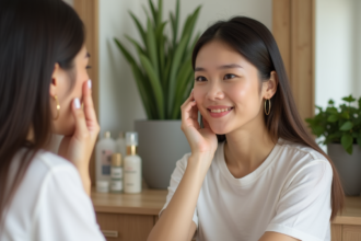 Jeune femme souriante devant un miroir avec produits de beauté