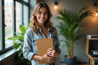 Jeune femme confiante tenant un portfolio dans un studio urbain lumineux