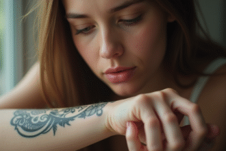 Jeune femme examinant un tatouage sur son bras en lumière naturelle