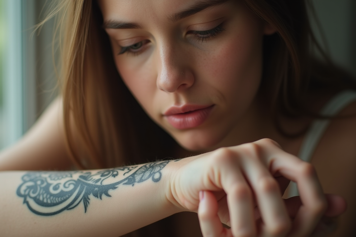 Jeune femme examinant un tatouage sur son bras en lumière naturelle