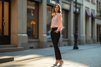 Jeune femme élégante dans la ville avec blouse rose pastel
