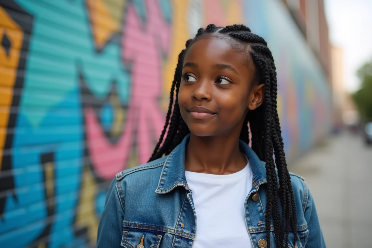 Jeune fille noire avec des tresses traditionnelles en extérieur