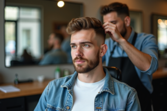 Jeune homme en coiffure moderne dans un barbershop