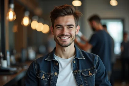 Jeune homme souriant en coiffure classique dans un barbershop