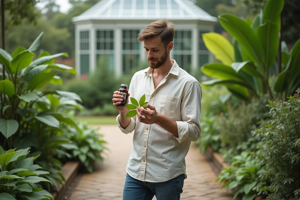 Jeune homme dans un jardin botanique examinant une feuille
